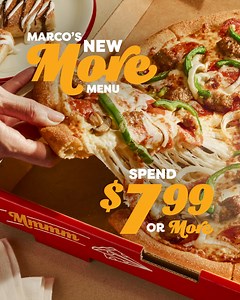 99K views | Spend $7.99 or more and get more sides, more desserts and more pizza with Marco’s NEW More Menu. That’s a whole lotta more. *Use code MOREMENU. Valid on the Marco's More Menu only. For a limited time at participating stores. Delivery minimum & fee may apply. Other restrictions may apply - see marcos.com for details. PEPSI and the Pepsi Globe are registered trademarks of PepsiCo, Inc. All Rights Reserved. | Marco's Pizza | Facebook