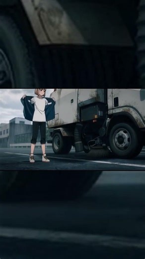 A vacuum street sweeper truck sucks up trash and a sweater. #anime #vacuumtruck #vacuum #cleaning