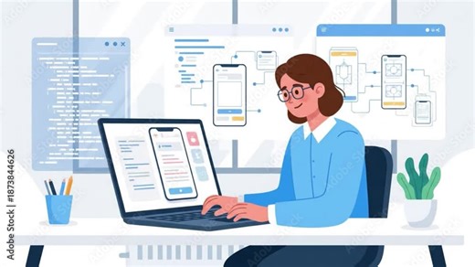 Clean flat-style motion footage of a programmer designing a mobile app interface with animated UI elements, representing UI/UX workflow, coding, and modern tech startup digital product development.