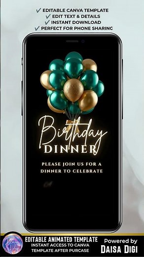 Surprise Birthday Dinner Invitation | Emerald Green Canva Animated Video Invite