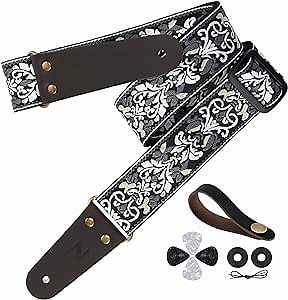 Nefelibata Guitar Strap, 2" Jacquard Embroidery Guitar Straps, Full Grain Leather Ends with Hidden Pocket, for Bass, Electric and Acoustic Guitars, Free Buckle, Strap Lock and Guitar Picks