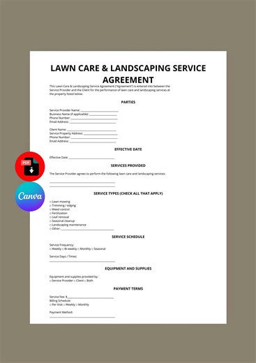 Lawn Care Service Agreement | Landscaping Contract US | Editable Service PDF Template - Etsy Canada
