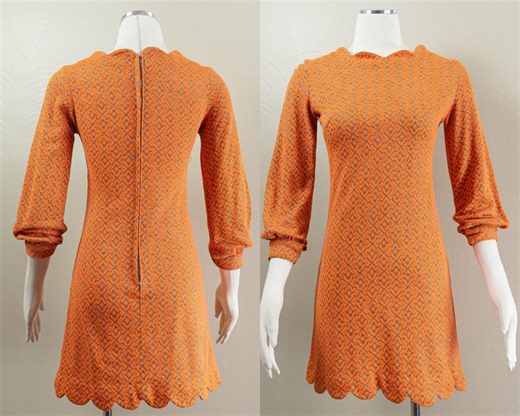 60s/70s Knit Mini Dress, Orange Gray Geometric Print, Scalloped Hem, Mod, Small/medium - Etsy