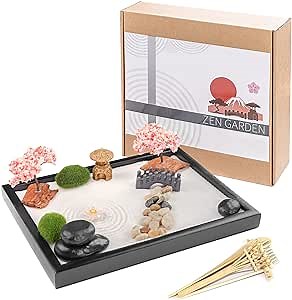 Mifine Mini Zen Garden for Desk - Japanese Zen Garden Accessories Kit with Bamboo Tools, Desktop Zen Decor Trays and Great Mdeditation Gift