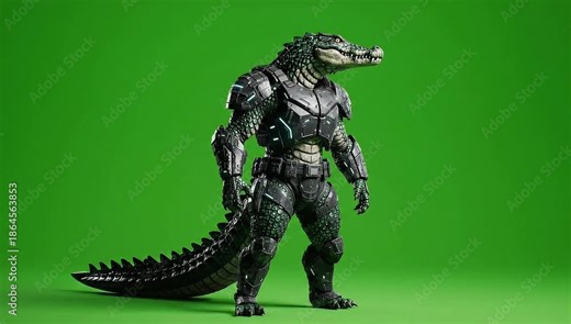 Imposing armored reptilian warrior in advanced futuristic combat gear, an anthropomorphic creature standing confidently against a vibrant green screen, exuding strength