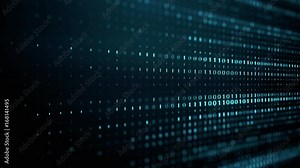 Technological background with blue digits of binary code running up against black computer monitor