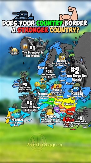 Does your country border a stronger country? 💪🪖 #mapping #geography #countryballs #shorts #maps
