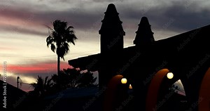 Twilight view of historic structures in downtown Ajo, Arizona, USA.