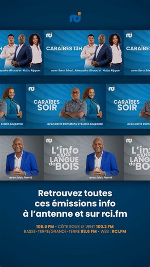 📌 Caraïbes 13h avec Rony Béral et Naïza Rippon 🕐 Chaque jour de la semaine à la mi-journée, retrouvez un condensé de l’info locale et régionale 📌 Caraïbes soir avec David Camatchy 🕕 Chaque soir, ne manquez pas le dernier grand rendez-vous d’info de la journée 📌 L'info sans langue de bois avec Eddy Planté 🎙️ Une émission engagée sur l’actu politique, sociale et économique 🎧 En direct et en replay sur rci.fm | RCI Guadeloupe