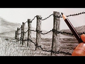 How to draw barbed fence of landscape by pencils//