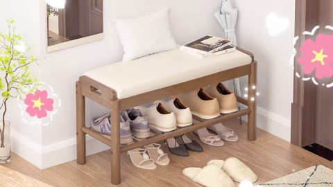 Shoe Storage Bench with Cushion - 2 Tier Shoe Rack for Front Door Entrance, Wood Shoes Rack, Entryway Bench with Shoes Storage for Closet,Hallway,Bedroom&Living Room(Walnut, 31.5" W)
