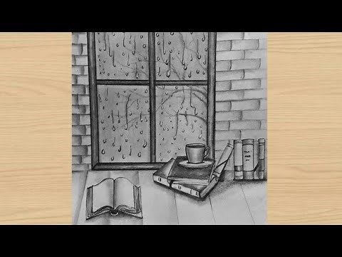 Raindrops on Window Drawing/Study table pencil drawing/Rainy season draw/A rainy day pencil sketch