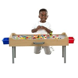 Delta Children Play N Store Building Bricks Play Table with 100+ Play Bricks Included - Large Brick Plate Compatible with Lego, MegaBlocks & More - Legs Fold for Easy Under Bed Storage, Grey