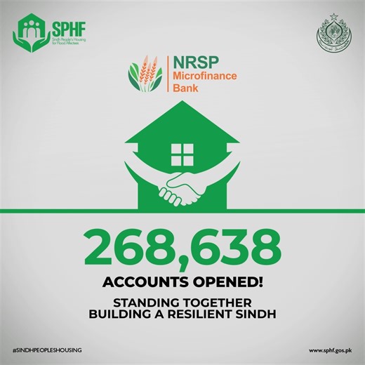 268,683 beneficiaries have opened bank accounts with NRSP Microfinance Bank Limited, gaining access to formal financial services and enabling smooth, direct disbursements for housing construction. We extend our sincere gratitude to NRSP Microfinance Bank for its valuable support in our broader mission of financial inclusion for 2.1 million beneficiaries. #SindhPeoplesHousing #FinancialInclusion | Sindh People's Housing For Flood Affectees