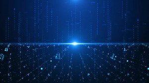 Abstract Digital Cyber Space Particles Perspective Grid Floor Ground. 4K Technology Blue Business Background. Digital Futuristic Blue Tunnel.