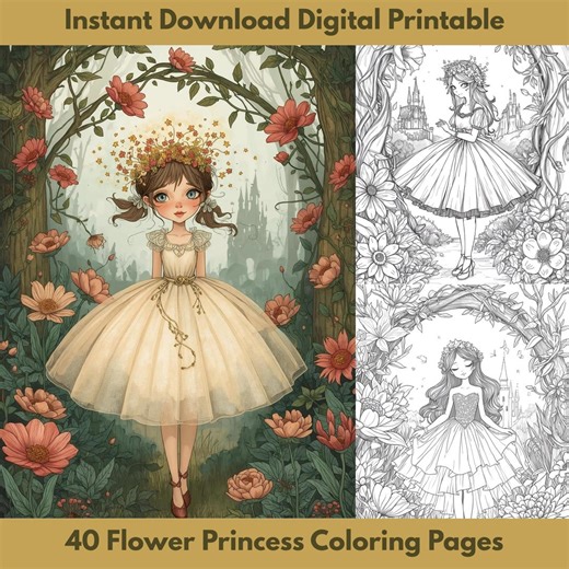 40 Flower Princess Coloring Pages, Printable Fairy Tale Activity Book, Kids Garden Wedding Flower Girl Gift, Digital Princess Party Favors - Etsy UK