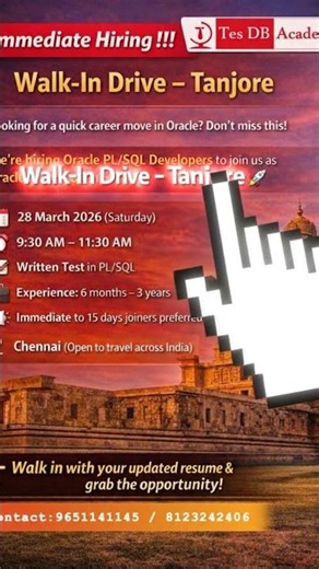 We are Hiring Oracle SQL/PLSQL Developers in Tanjore #openings #sqldeveloper #thanjavur #tanjore