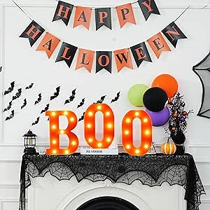 Halloween Decorations Indoor, Boo Halloween Decor Set, Party Decorations with Light up Letters “Boo”, Happy Banner, Bats Decor and Spider Web Mantel Scarf for Home Tabletop