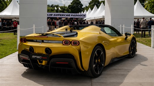 Yellow Ferrari SF90 Spider displayed at Michelin Supercar Paddock