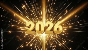 Stunning golden 3D year 2026 text explodes with brilliant light streaks for a dynamic celebration countdown