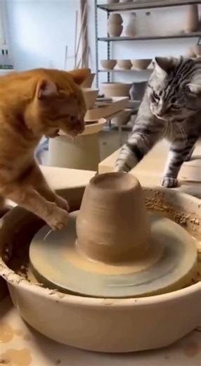 Two Cats Carefully Craft Clay, But Then Quarrel.