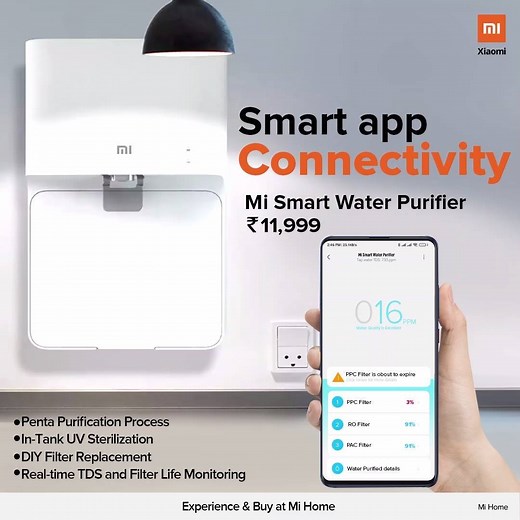 With the Mi Smart Water Purifier (RO UV), you can conveniently track real-time TDS levels, filter life, and the volume of purified water - hence allowing you to monitor the quality of water you consume. Experience and buy at your nearest Mi Home. #Xiaomi #XiaomiIndia #MiHome #MiIndia #WaterPurifier #Water #Purification | Mi Home