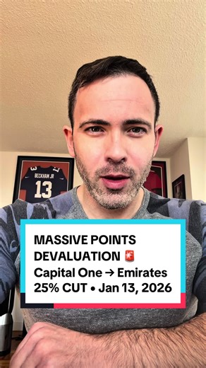 🚨 Massive news in the credit card world 🚨 In 9 days, on January 13, Capital One is devaluing transfers to Emirates Skywards. Transfers are dropping from 1:1 to 2:1.5 — an instant 25% loss in value. Why this matters: Emirates offers some of the best premium cabins in the sky — lie-flat business class seats, world-class service, and a luxury experience that consistently beats most U.S. carriers. Right now, you can book business class to Greece or Italy for 87,000 miles — flights that regularly c