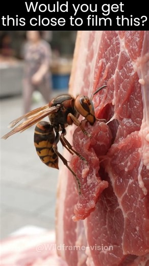 Giant Hornet Slices Meat With Its Jaws in Macro! 🥩