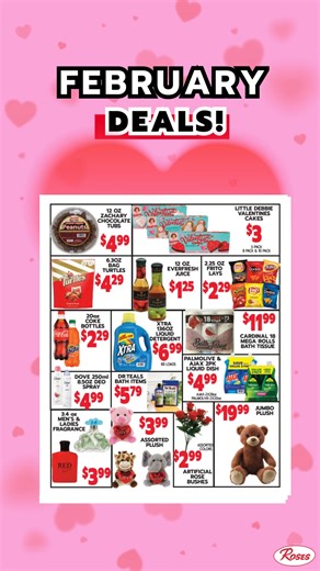 Deals you’ll fall in love with 💕 Check out our February Circular Ad for sweet deals that you dont want to miss out on! #FebruaryDeals #TheRealDealPlace | Roses Discount Stores