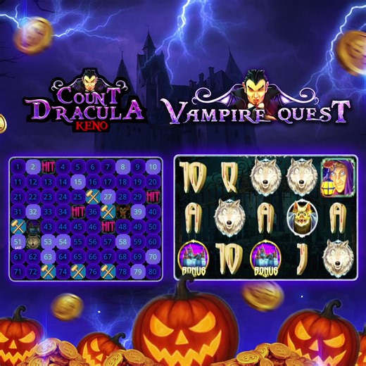 🎃🦇 Trick or Treat with the Vampires! 🦇🎃 This Halloween, join the spookiest duo: Count Dracula Keno & Vampire Quest. Spins, chills, and fang-tastic prizes await. 🧛‍♂️✨ Play Now! https://play.ballyplay.com/2502831756787059 | Bally Play