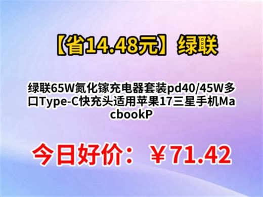 绿联65W氮化镓充电器套装pd40/45W多口Type-C快充头适用苹果17三星手机MacbookPro笔记本电脑配数据线*2件