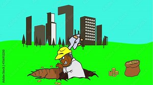 Animated footage of a worker digging the ground produces coins suitable for business, illustrations, presentations, advertisements and more