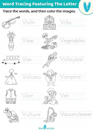 Trace The Words Start With "V" | Worksheets | MomJunction
