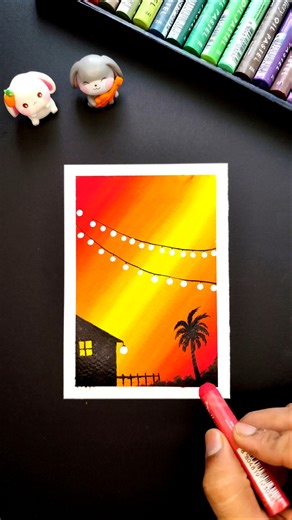 🌇 Easy Sunset Painting | Oil Pastel Art #shorts #oilpasteldrawing #scenery