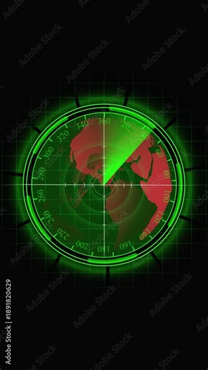 Green Radar Screen with Red Earth Globe, Targeting Beam, and Compass Bearings planet, green radar screen with world map with sweeping beam rotating across the display, Radar screen animation on black.