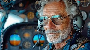 Senior Pilot operating a twin-engine Cessna in the cockpit, Stock Video