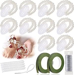 SOCNITC 10 Pcs Corsage Wristlet Band, Pearl Wrist Corsage Bracelets, Bride Elastic Pearl Wristband, DIY Wedding Flower Hand Wrist Bracelets Boutonniere Kit Accessories for DIY Handmade Prom