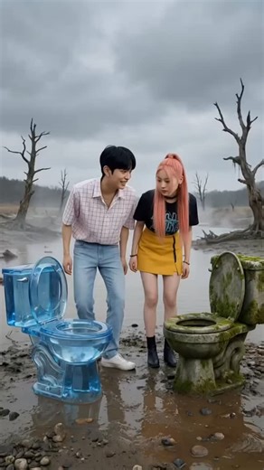 Unreal AI Studio on Instagram: "“Would You Sit on This Toilet? The Experiment Nobody Saw Coming…” What happens when two completely different toilets appear in the middle of nowhere — one crystal clear, the other covered in moss and decay? This strange experiment blurs the line between luxury and ruin, modern design and forgotten past. From a glowing transparent toilet to an abandoned, eerie version hidden in a stone tunnel, the contrast feels unreal… almost symbolic. Is it art? A social experime