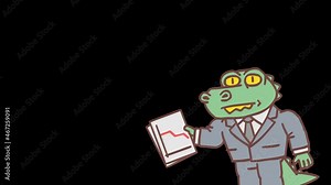 Alligator appears on screen indicates negative business graph. Frame by frame animation. Alpha channel. Looped animation