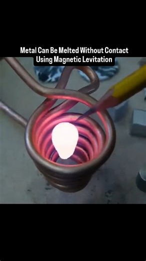 Chemistry | Science | Curiosity on Instagram: "Levitation melting is a containerless metal-processing technique where an alternating magnetic field both suspends and heats a metal sample. The changing field induces electric currents inside the metal, generating heat through electrical resistance while magnetic forces counteract gravity. Because the molten metal never touches a crucible, contamination is minimized, making this method ideal for studying and producing ultra-pure metals. #Levitation