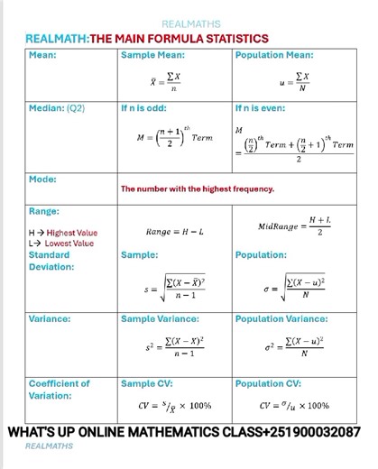 The main formula of statistics part one #FOLLOW US if need to pass the exam #grade7 #grade8 #grade9 #Grade10 #Grade11 #Grade12 | Realmaths | Facebook