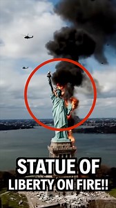 Imagine this: you’re inside a helicopter circling over New York Harbor, and suddenly you realize the impossible is unfolding beneath you. The Statue of Liberty — the very symbol of freedom and resilience — is swallowed in smoke and fire. From the cockpit window, the scene feels unreal yet immediate: flames wrapping around the copper crown, thick black clouds rising high into the sky, blotting out the Manhattan skyline in the distance. The pilot’s voice crackles over the radio, calm but edged wit