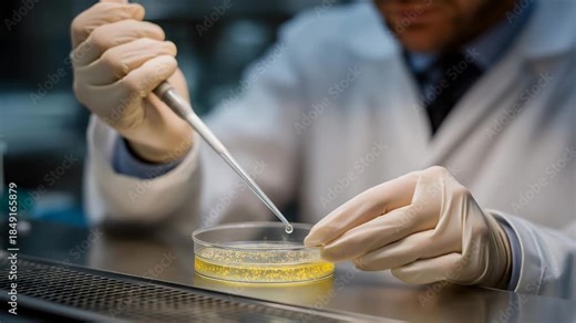 A researcher using a sterile inoculation loop to streak bacteria across an agar plate, gloved hands steady under a laminar flow hood — aseptic technique, controlled lab environment, and