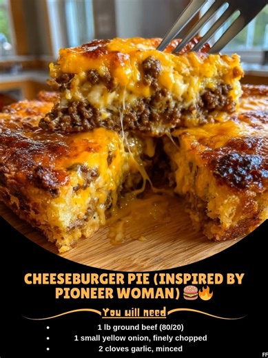 2.2K views | Cheeseburger  Pie (Inspired by Pioneer Woman)  All the comfort of a cheeseburger wrapped in a flaky pie crust—easy, hearty, and family-approved! 襤 Ingredients: * 1 lb ground beef (80/20) * 1 small yellow onion, finely chopped * 2 cloves garlic, minced ..... Full Recipe in Coʍmеոτ  嵐 | Tasty Recipes | Facebook
