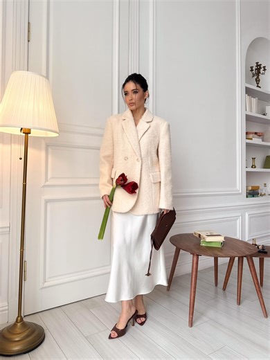 Women’s Bouclé Blazer Jacket, Double-breasted Mid-length Coat, Elegant Structured Blazer for Spring and Fall, Cream Pink Blue - Etsy