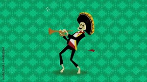 Mexican skeleton playing the trumpet to celebrate the Day of the Dead. 4K. Motion graphics. Alpha channel. Stock Video