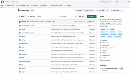 投 740+ 份简历、面 68 家公司，最后拿下顶级 AI Head 岗位，这位老哥把找工作卷成了“工业自动化”！🚀手动投简历的痛苦大家都懂：读 JD 5分钟，改简历 20分钟，填申请表 10分钟... 结果 70% 的岗位根本不匹配。GitHub 刚开源的 Career-Ops 彻底终结了这种内耗： ✅ 全自动扫描：Playwright 自动爬取 45+ 公司招聘门户 ✅ AI 评分系统：Claude 自动根据你的简历和 JD 进行 A-F 评分（10个维度，不匹配直接刷掉） ✅ 定制化生成：针对每个岗位一键生成 ATS 优化的 PDF 简历 ✅ 全流程追踪：内置 TUI 仪表盘，拒绝表格地狱这不是乱投简历的垃圾工具，而是让你像 CTO 审代码一样审视每一个机会。项目地址👇