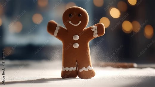 A gingerbread man cookie magically coming to life and dancing joyfully on a flour-dusted surface.