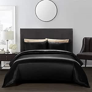 AiMay 3 Piece Satin Duvet Cover Set Bedding Sets Luxury Rich Silk Silky Super Soft Solid Color Reversible Zipper Closure Sexy Honeymoon Stain-Resistant Wrinkle Free (King, Black)
