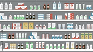 Pharmacy Animation. Moving Shelves with Medicines. Seamless Looping Background. Pharmacy Interior